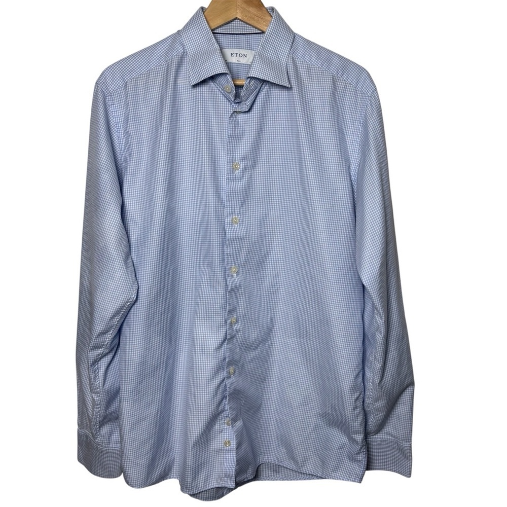 Eton Dress Shirt Men 44 17.5 Button Up Slim Fit Long Sleeve Blue Lux Preppy FLAW